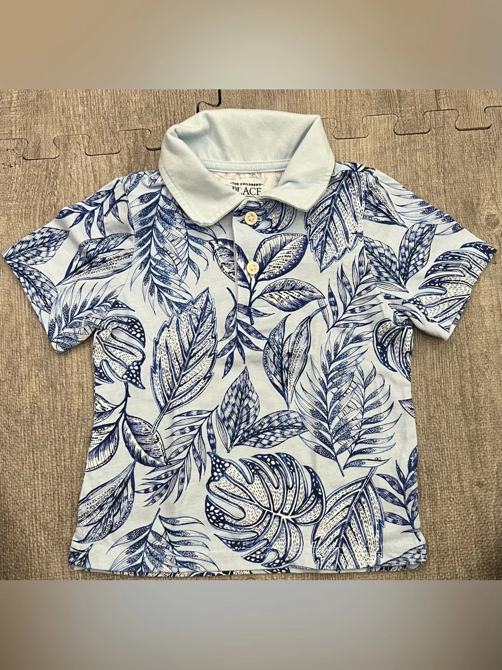 The Children's Place Boys 3T Blue White Tropical Floral Collared Polo Shirt
